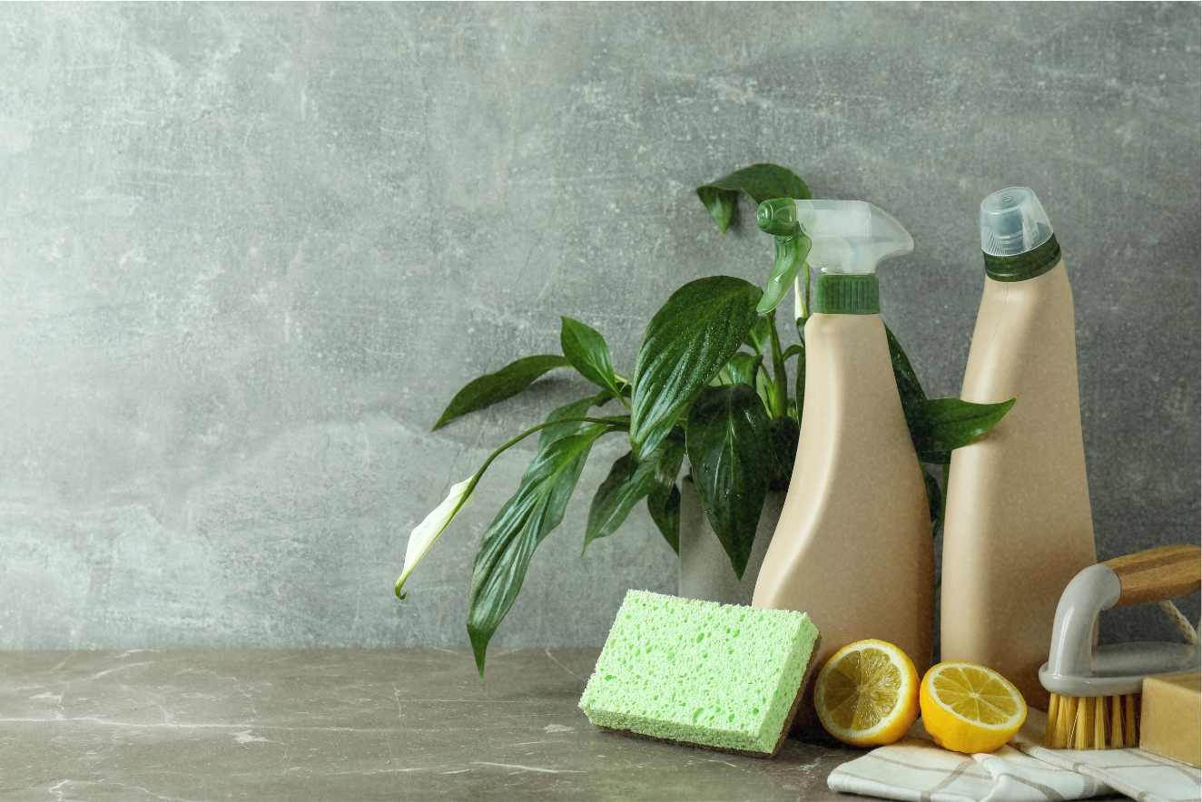 Sustainable home cleaning essentials: Eco-friendly cleaning bottles, plant-based solutions, natural sponge, and fresh lemons beside a potted plant, representing green chemicals for a non-toxic household.