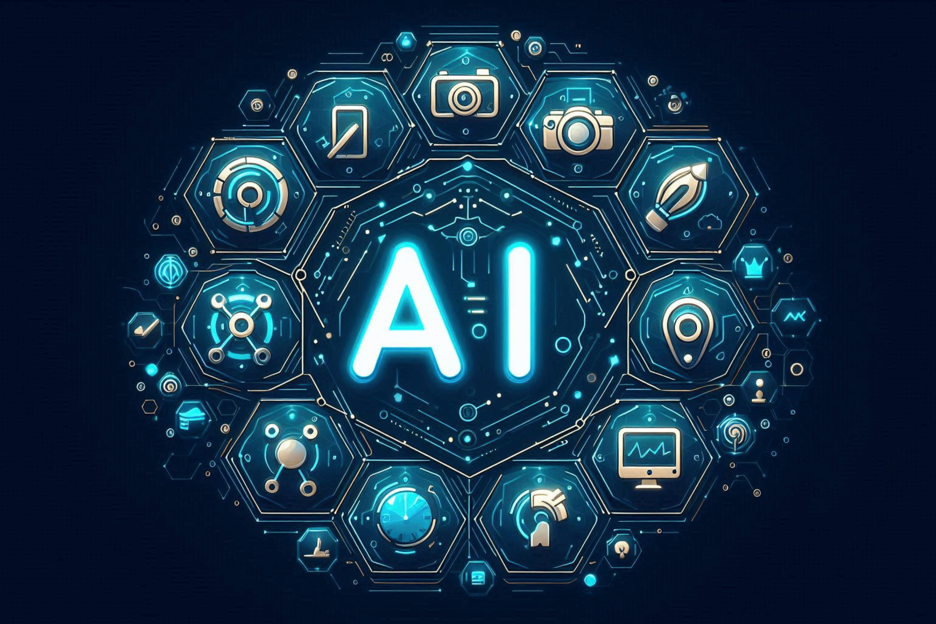 Best AI Tools 2024: Futuristic hexagonal grid showcasing diverse artificial intelligence applications including image processing, data analysis, writing, and communication tools