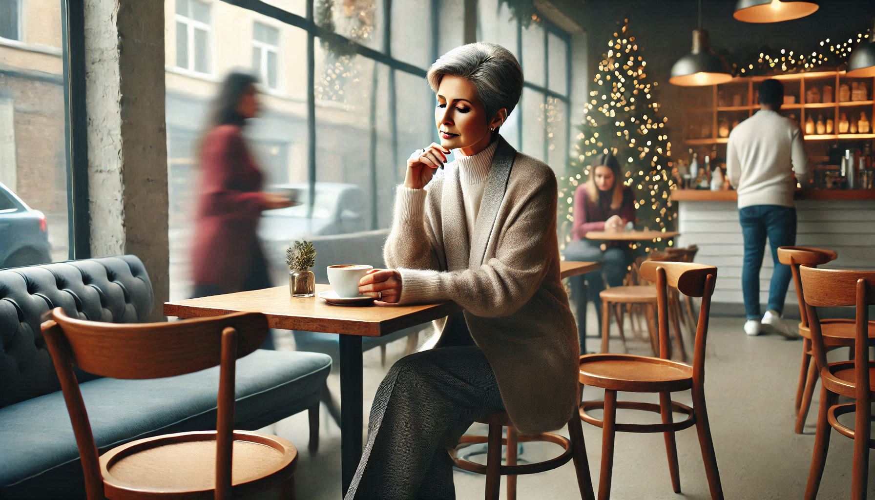 In a bright café during Christmas season, an elegant woman in her 60s sits alone at a wooden table, her coffee untouched. She wears a beige coat, her silver hair neatly styled. An empty chair sits across from her, while blurred figures and a decorated Christmas tree fill the background.