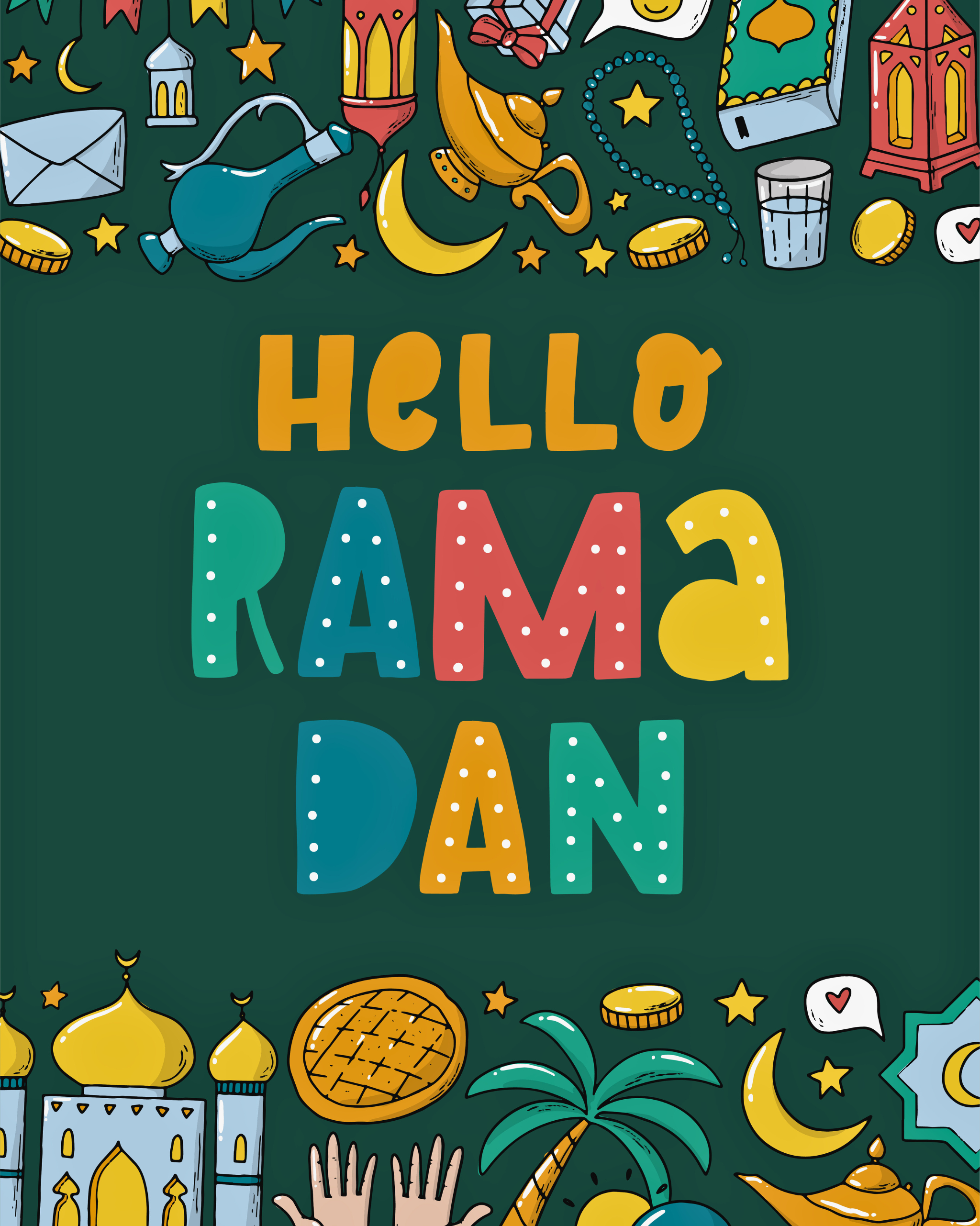 graphic show a text hello ramandan for the article that talks about fasting during Ramadan with diabetes