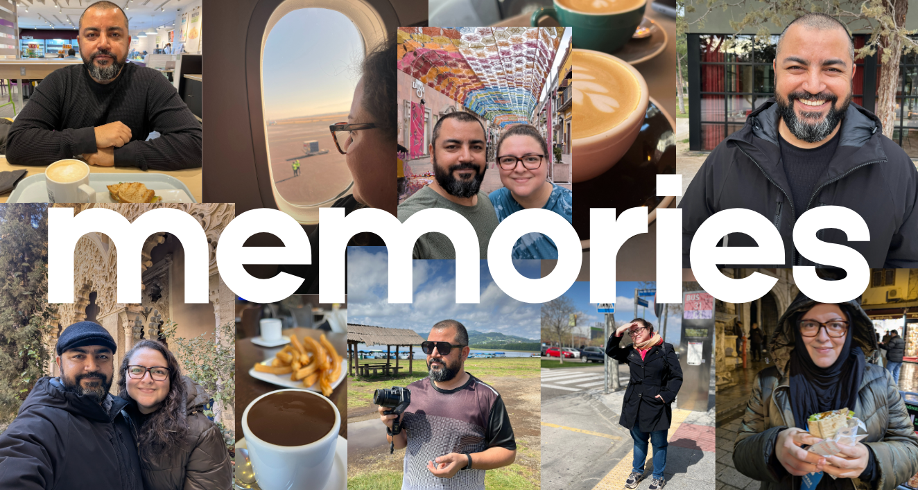 This image shows a collage of personal travel moments with the word "memories" in white text overlaid in the center. The collage features various photos of people enjoying food, drinks, sightseeing, and socializing in different locations. The grid layout includes images of individuals and small groups, coffee cups, meals, and outdoor scenery, capturing a collection of experiences and connections made during travels. The composition represents cherished memories from adventures and gatherings shared among friends or family.